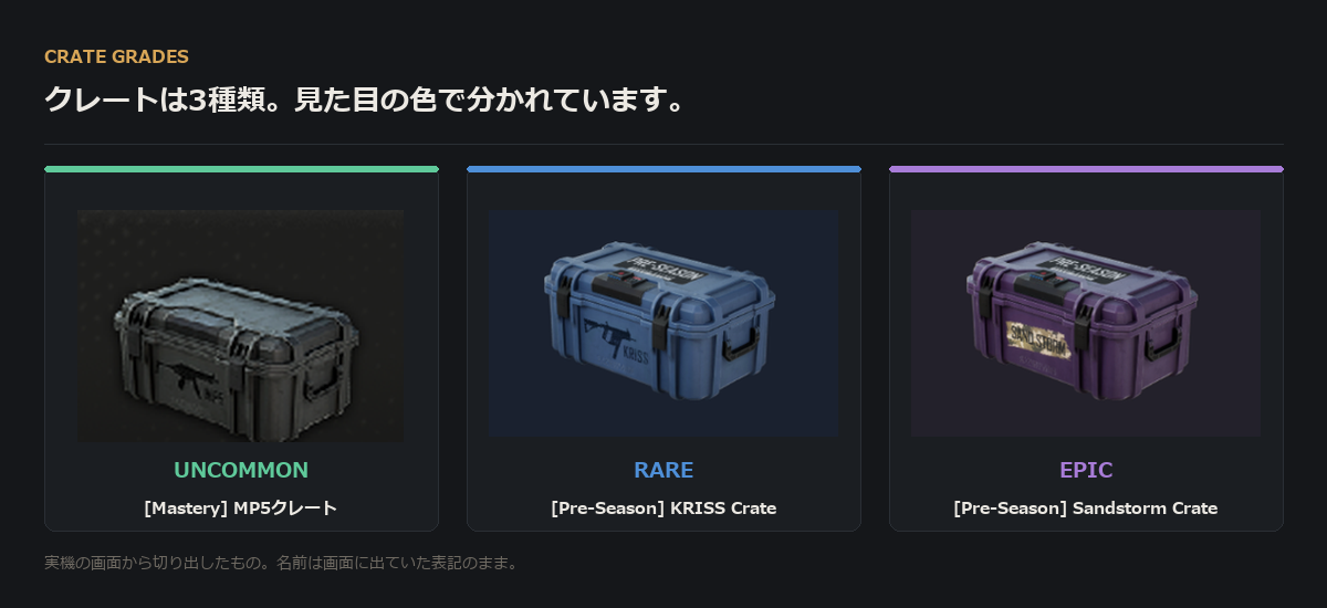 クレートの3グレード。左からUncommonの黒いケース、Rareの青いケース、Epicの紫のケース