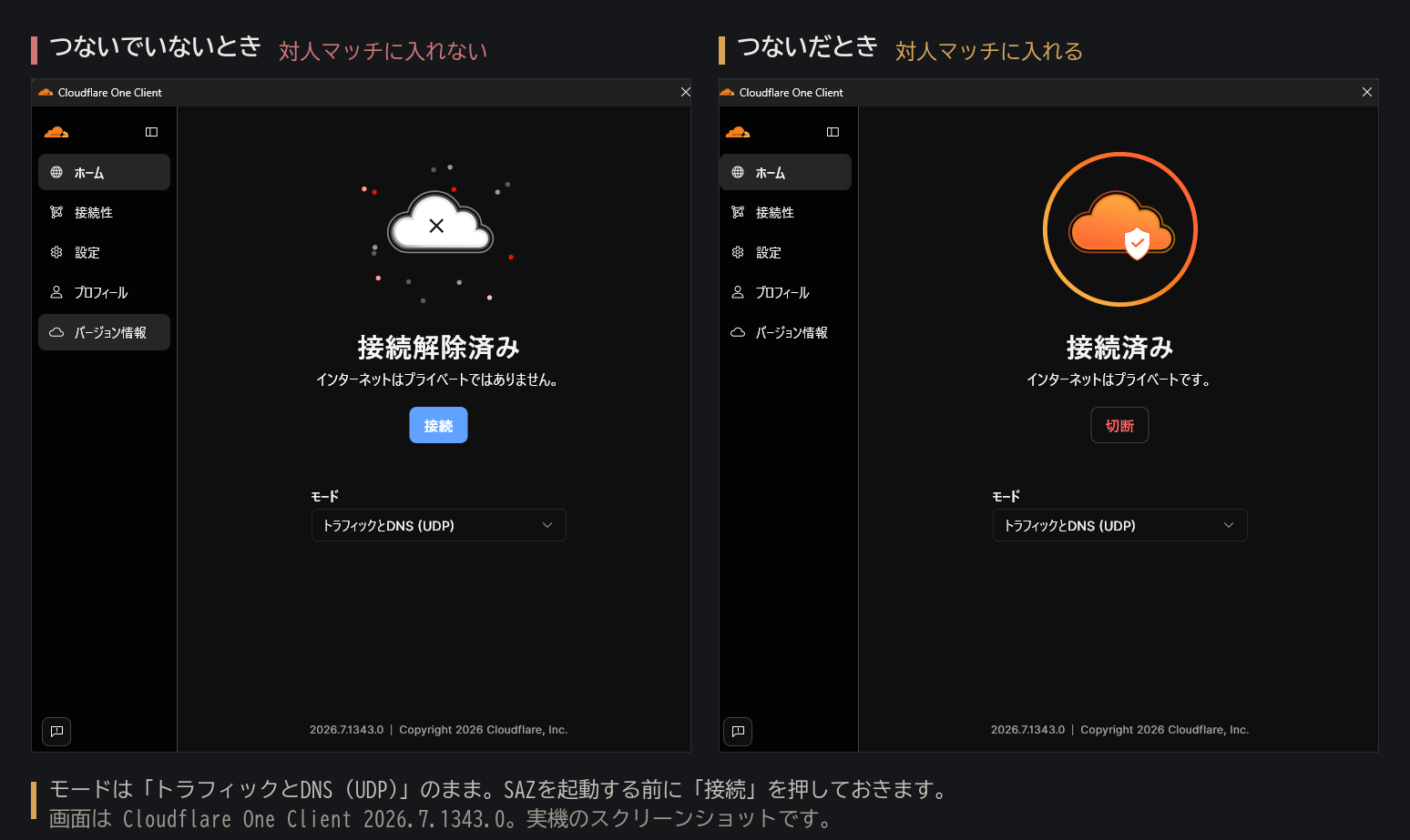 Cloudflare WARP の画面。左がつないでいないとき、右がつないだとき